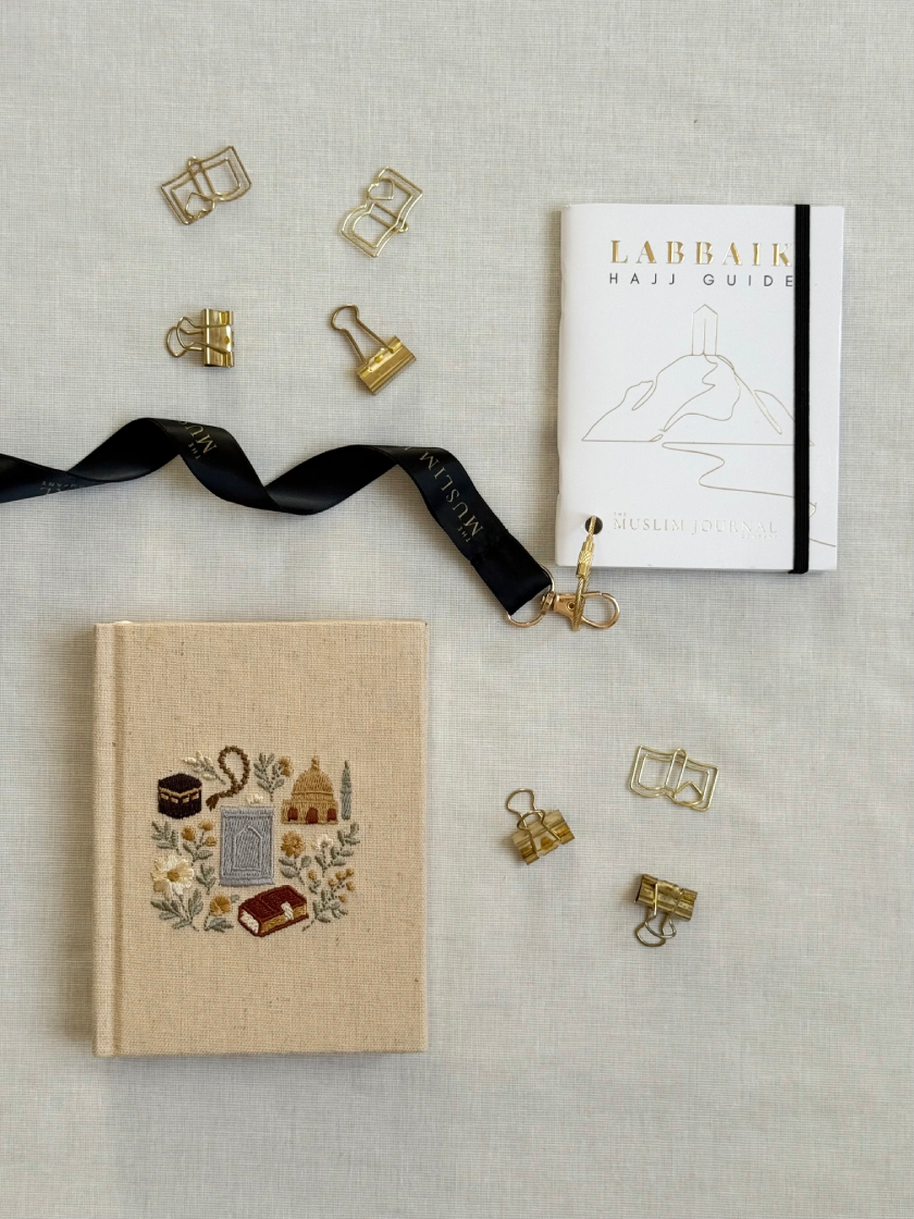 Bundle: Labbaik Mini Hajj Guide Book With Black Lanyard + Mini Embroidered Notebook